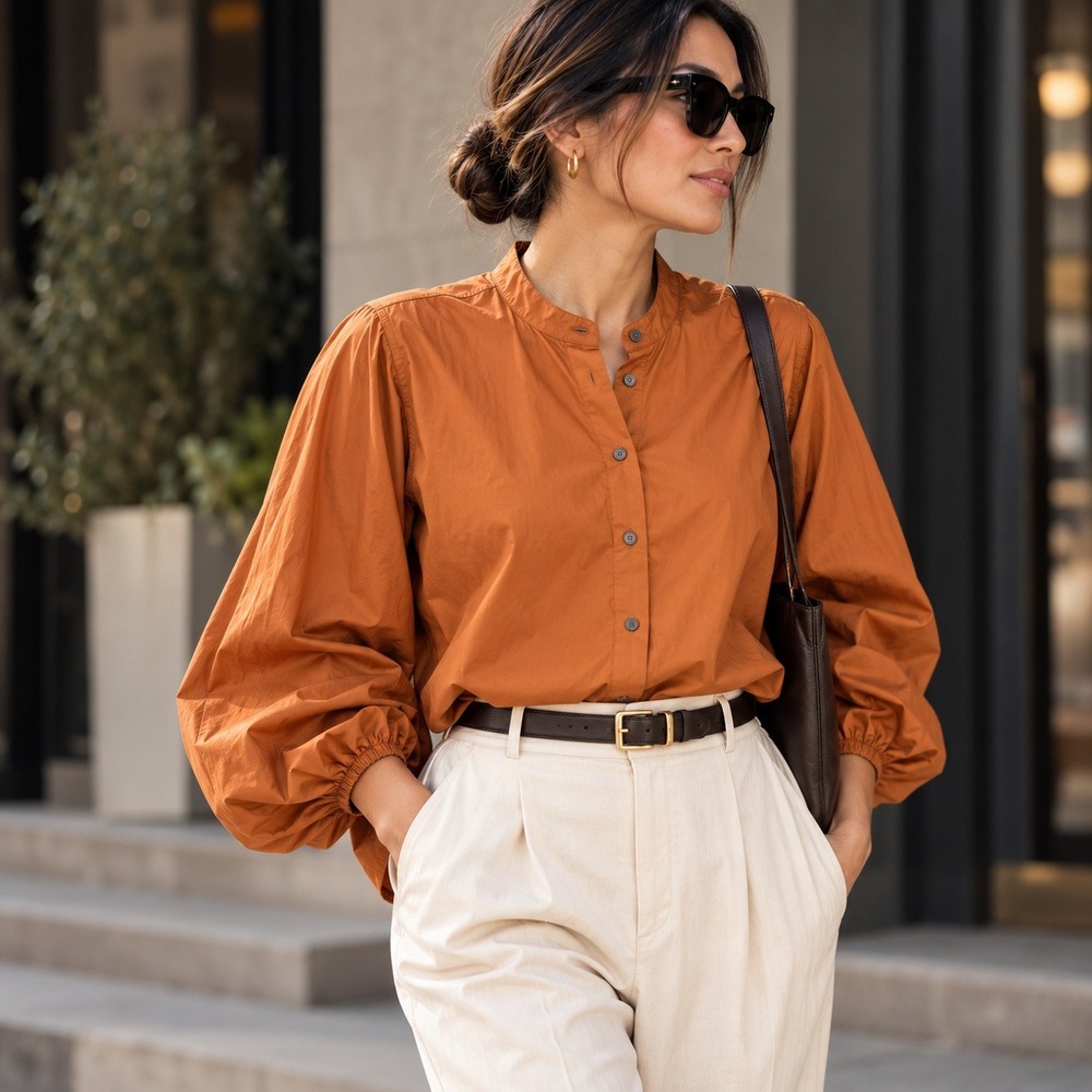 Who What Wear Womens XL Burnt Orange Cotton Bishop Sleeve Band Collar Blouse